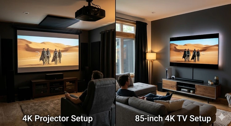 4K projector vs 4K TV side-by-side comparison in a home theater room