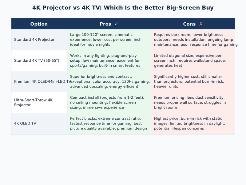 4K projector vs 4K TV feature and cost comparison breakdown chart
