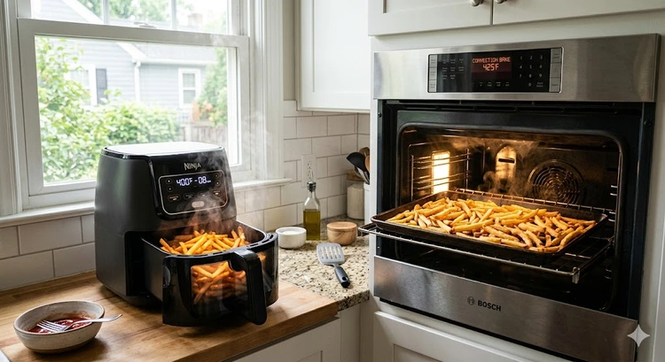 Air fryer vs convection oven placed side by side on a kitchen counter