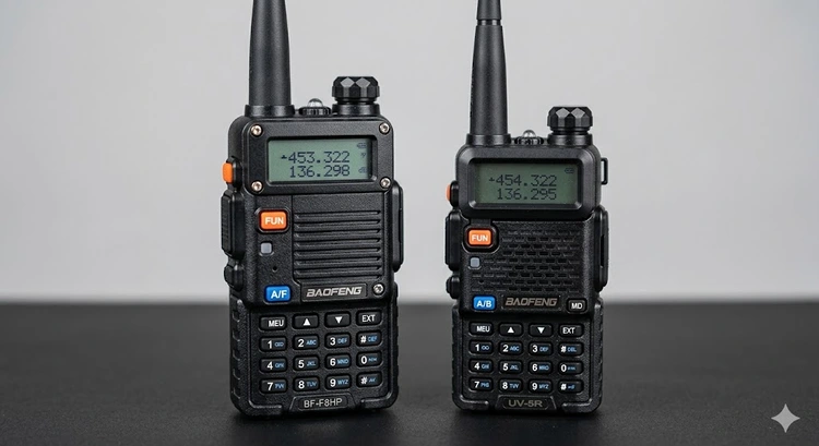 Baofeng BF-F8HP and UV-5R handheld radios side by side on a workbench