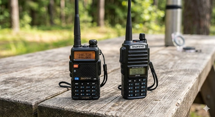 Baofeng UV-5R and UV-82 handheld radios side by side on a wooden table
