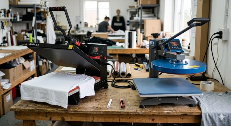 best heat press for small business setup on a production table with garments