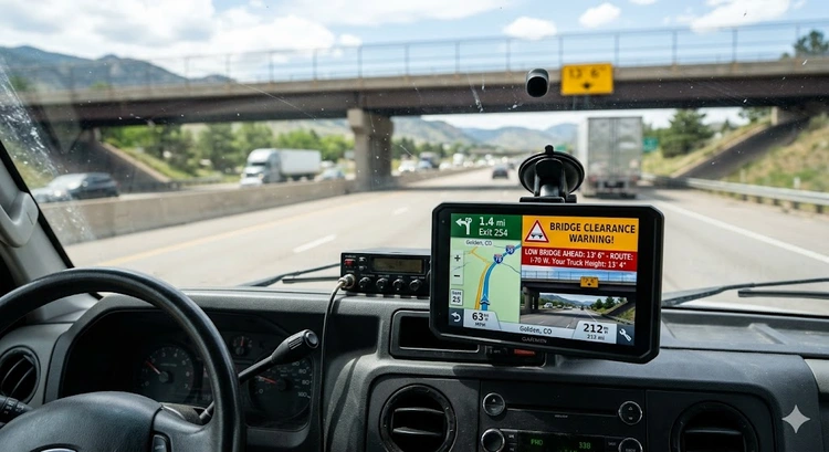 best rv gps navigator mounted on the dashboard of a Class A motorhome showing a route with clearance restrictions