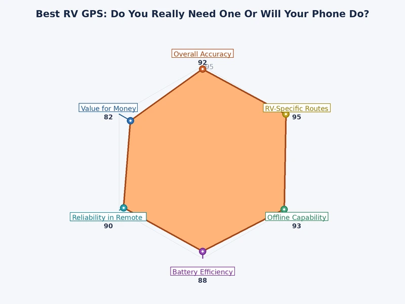 bar chart comparing dedicated rv gps navigator vs smartphone navigation apps across eight key features