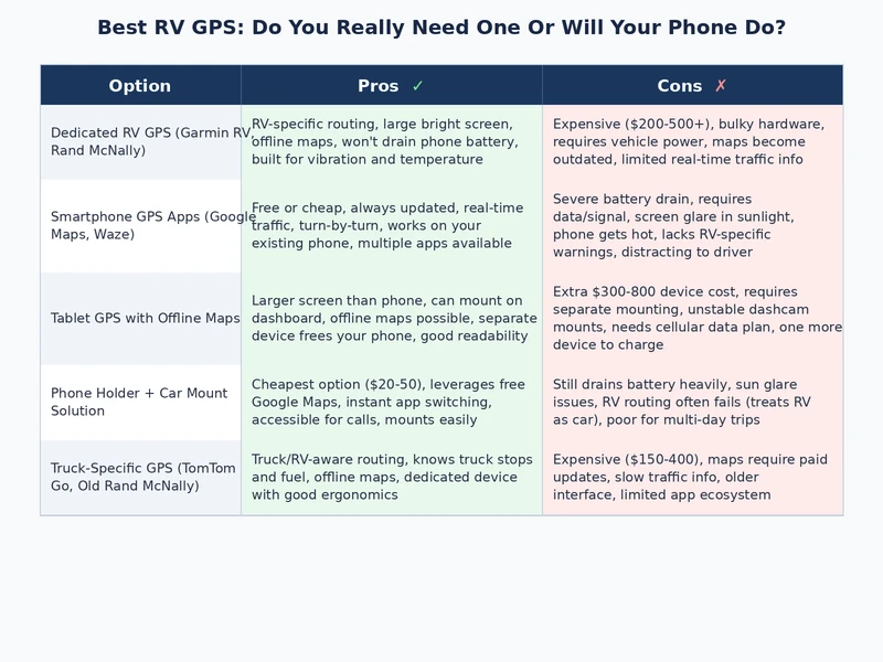 side by side comparison chart of best rv gps navigator units versus smartphone apps for RV routing