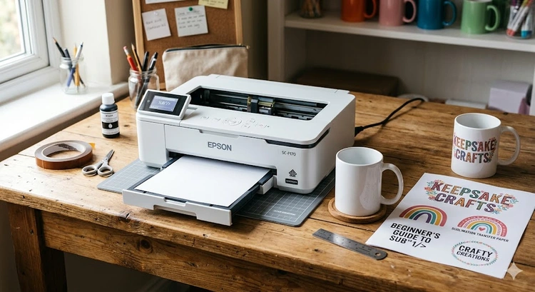 best sublimation printer for beginners on a workbench next to transfer paper and a clamshell heat press