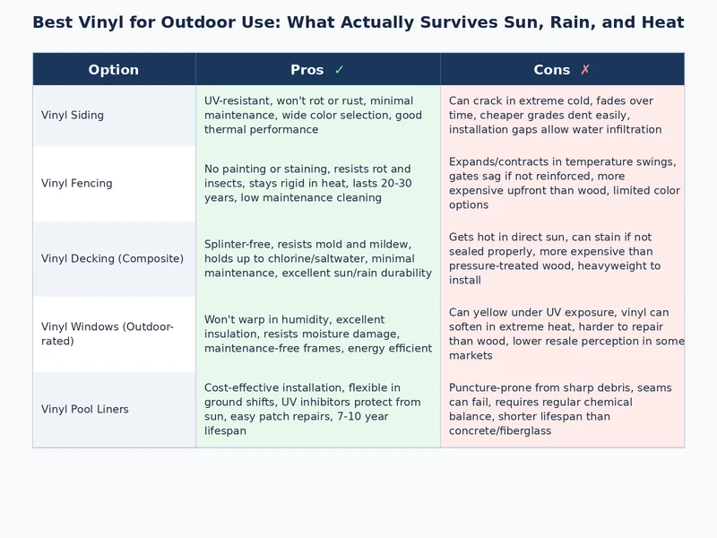 Comparison chart showing outdoor vinyl durability ratings across cast, calendered, and specialty types