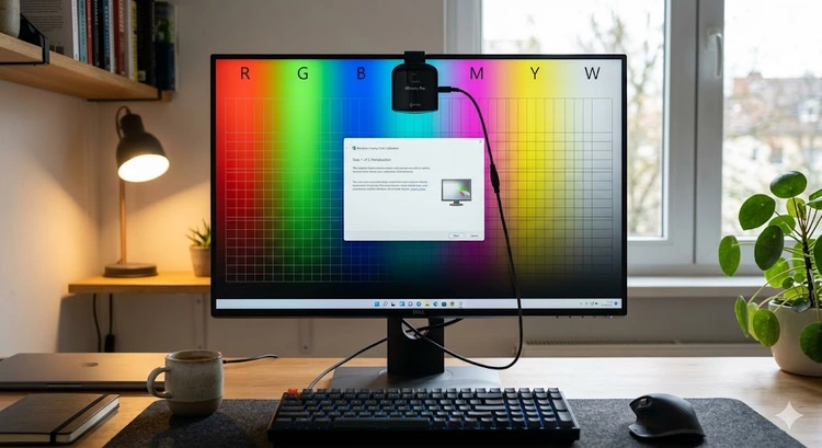 Windows display color calibration wizard showing gamma adjustment slider