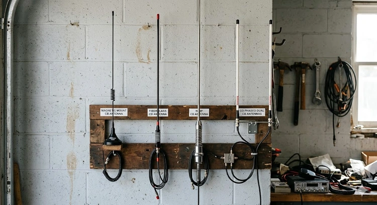 Various cb radio antenna types mounted on vehicles and base stations