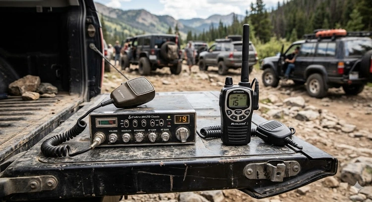 CB radio vs GMRS radio mounted in off-road vehicles on a dusty trail