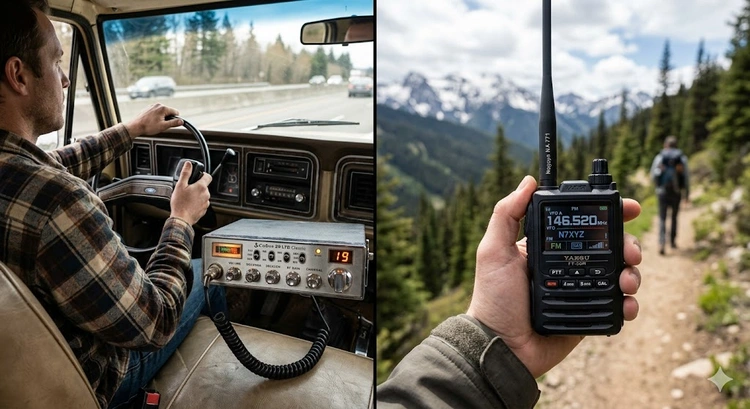 CB radio and ham radio side by side on a desk showing the key differences between cb radio vs ham radio