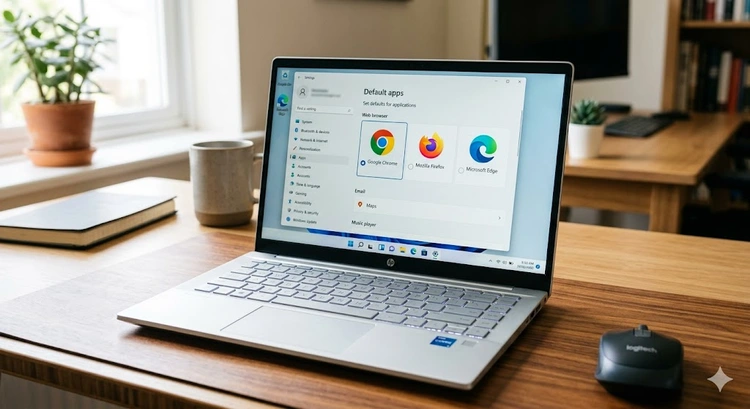 Windows Settings panel open to Default Apps showing how to change default browser in Windows