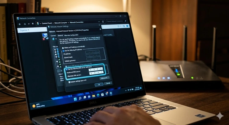 DNS server settings panel showing how to change DNS server for faster internet on a home network