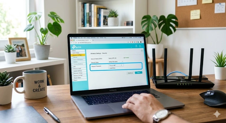 Router admin panel open to wireless security settings showing how to change wifi password on router