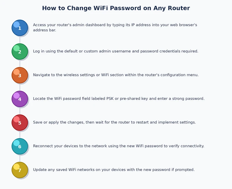 Step-by-step process diagram illustrating how to change wifi password on router from admin login to device reconnection
