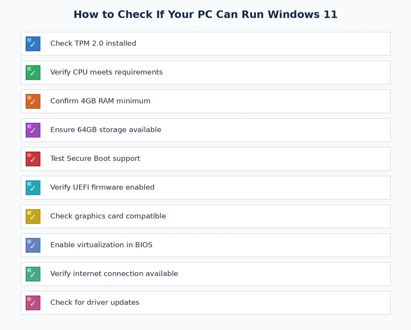 Windows 11 compatibility checklist showing hardware requirements to verify before upgrading your PC