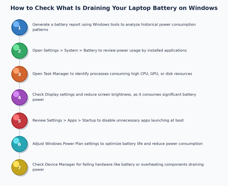 Step-by-step process diagram for diagnosing what is draining laptop battery on Windows using built-in tools