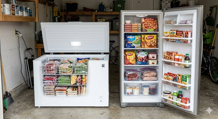 Chest freezer vs upright freezer side by side in a home utility room