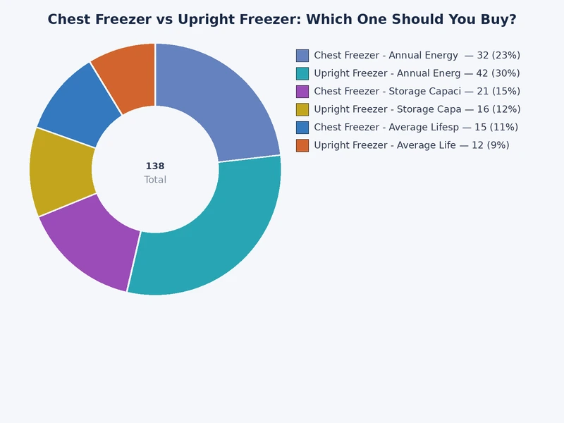 Comparison chart of chest freezer vs upright freezer across energy efficiency, capacity, price, and lifespan