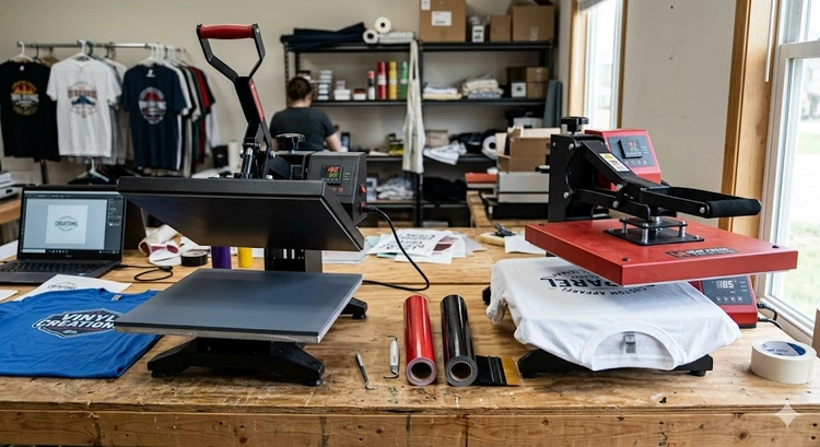 Clamshell vs swing away heat press side by side on a studio workbench