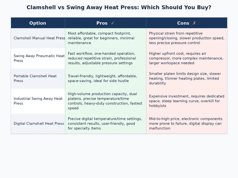 Visual comparison table of clamshell vs swing away heat press features and specifications
