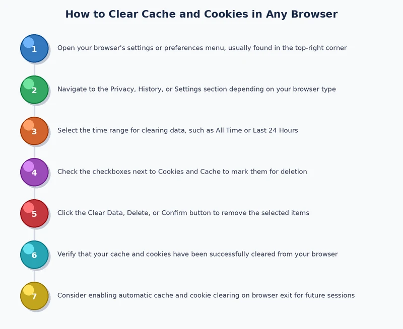 step by step process diagram showing how to clear cache and cookies in Chrome Firefox Edge and Safari