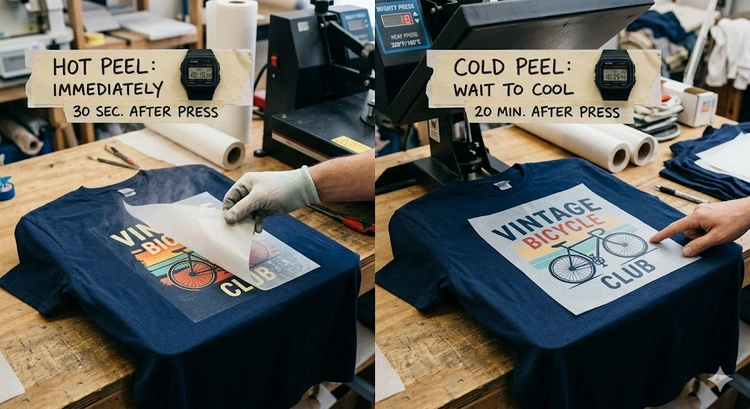 cold peel vs hot peel transfer paper samples on a heat press platen showing finish differences