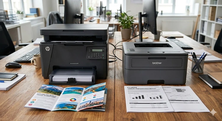 color vs black and white laser printer placed side by side on an office desk