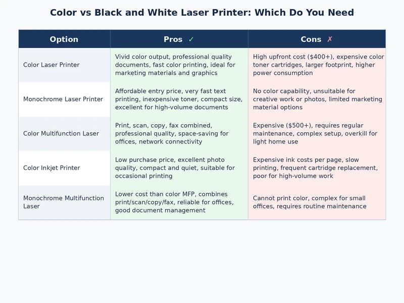 comparison table for color vs black and white laser printer by user type and office environment