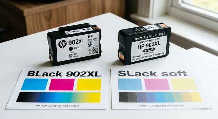 Compatible ink cartridges vs OEM cartridges placed side by side showing price and label differences