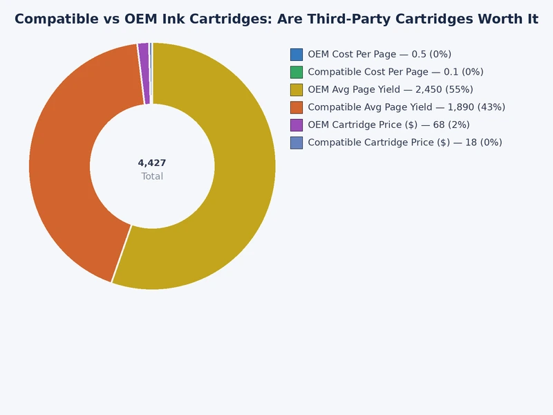 Bar chart comparing cost per page between compatible ink cartridges and OEM cartridges across HP, Canon, Epson, and Brother printer families
