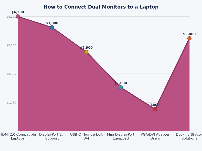 bar chart comparing dual monitor connection types HDMI DisplayPort USB-C Thunderbolt and USB adapter by resolution and refresh rate