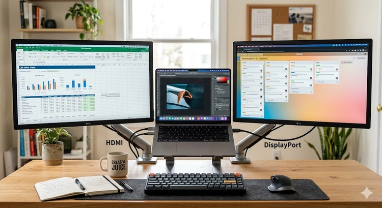 how to connect two monitors to a laptop using HDMI and USB-C ports on a desk workstation