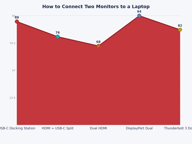 chart comparing HDMI, DisplayPort, USB-C, and docking station connection methods for dual monitors on a laptop