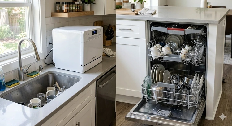 countertop dishwasher vs built-in dishwasher side by side in a modern kitchen