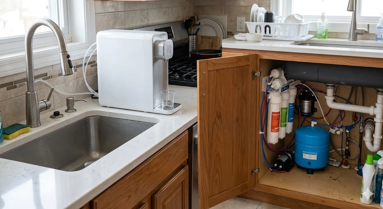 Countertop water filter vs under sink filter displayed side by side on kitchen counter