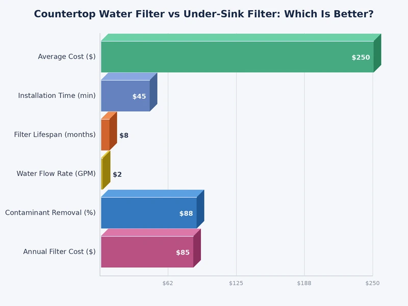 Bar chart comparing countertop water filter vs under sink filter on flow rate, cost, installation difficulty, and contaminant range