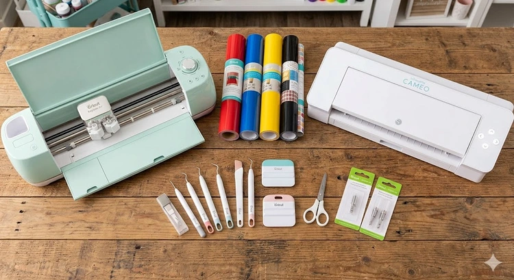 Cricut vs Silhouette Cameo cutting machines side by side on a craft table