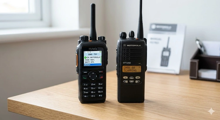 Digital vs analog two-way radio side by side on a workbench showing display differences