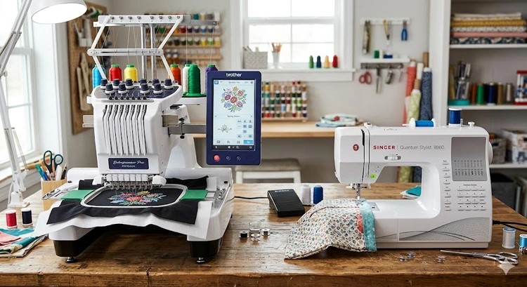 Embroidery machine vs sewing machine placed side by side on a craft table