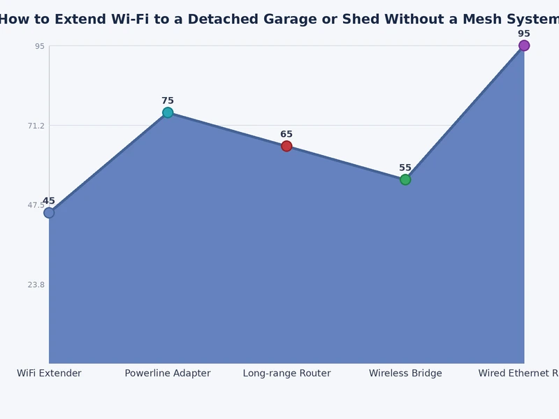 Comparison chart of methods to extend wifi to detached garage showing speed range cost and setup complexity