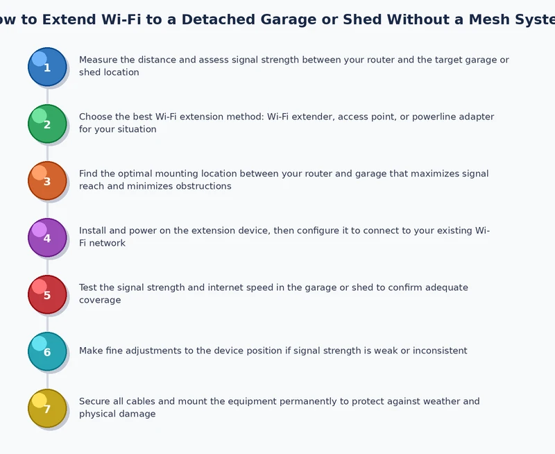 Process diagram showing steps to extend wifi to detached garage using outdoor access point pair installation
