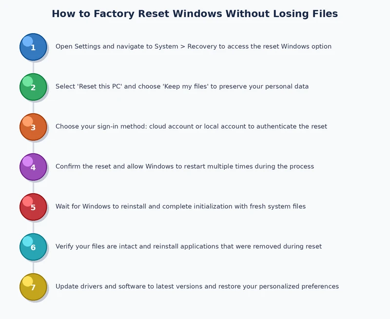 Step-by-step process diagram for factory resetting Windows without losing files