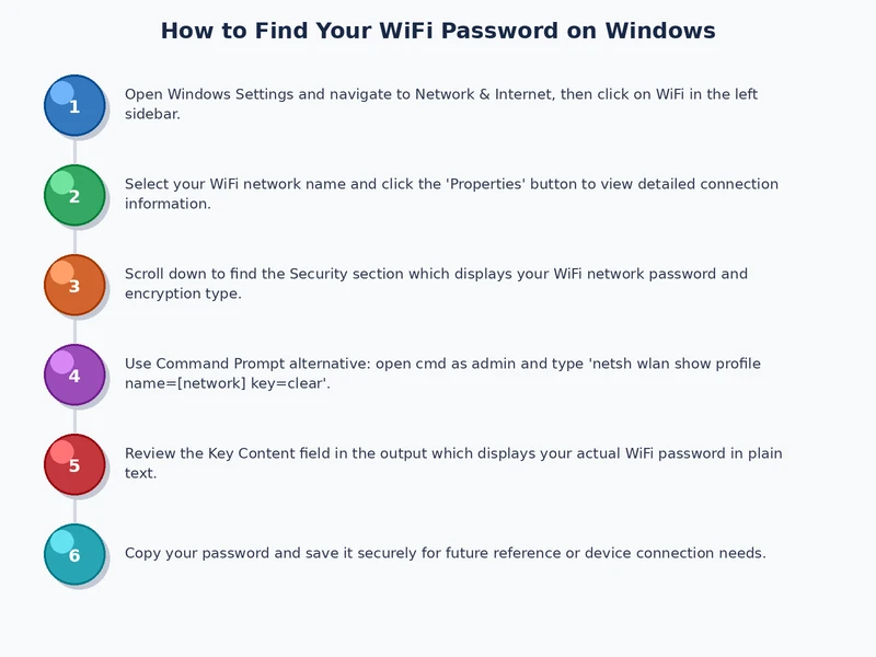 Process diagram showing three methods to find WiFi password on Windows — Settings, Control Panel, and Command Prompt paths