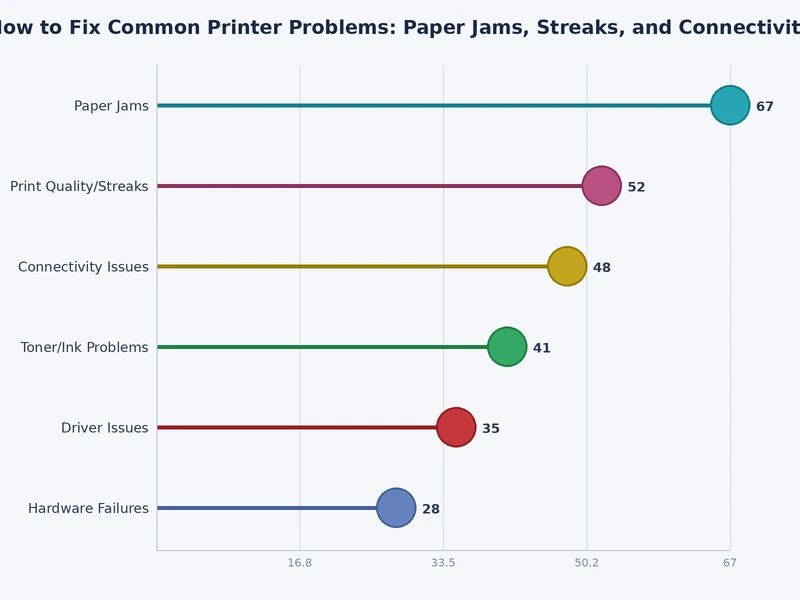 Chart showing frequency of common printer problems including paper jams, connectivity issues, and print quality errors