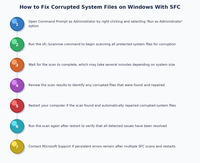 Step-by-step process diagram for running sfc scannow and DISM to fix corrupted system files on Windows