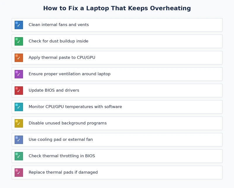 Laptop overheating fix checklist covering software tweaks and hardware maintenance steps