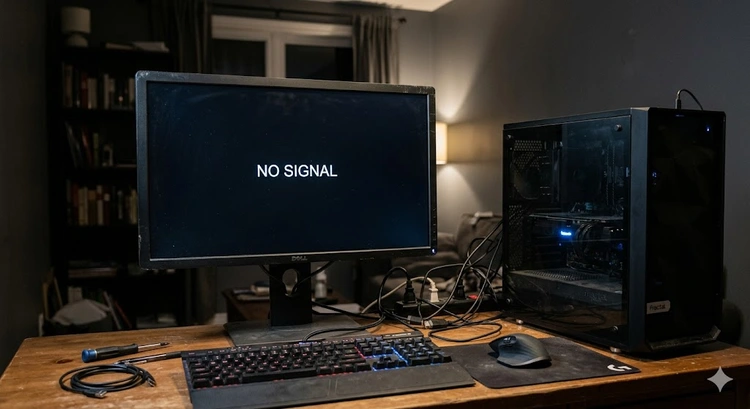 monitor no signal fix — blank display showing no signal message with video cable connections