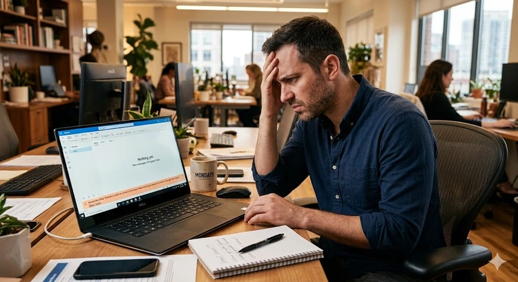 outlook not receiving emails fix — Outlook inbox with empty message pane and disconnected status bar