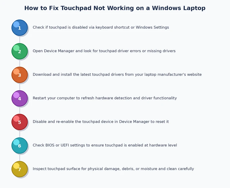 step-by-step process diagram for touchpad not working on windows laptop fix